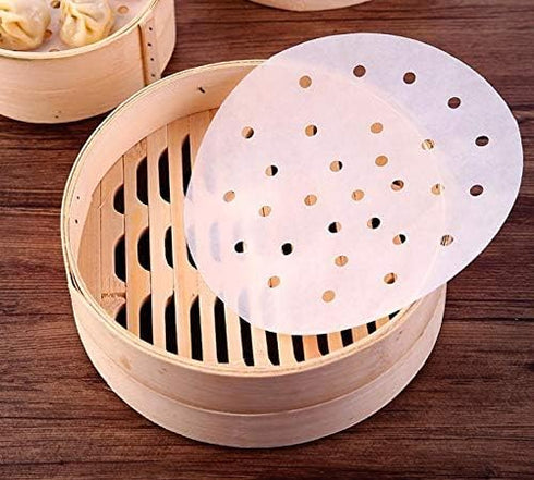 100pcs Air Fryer Liners, 10 inches Bamboo Steamer Liners, Premium Perforated Parchment Steaming Papers, Non-stick Steamer Mat Liner for Air Fryers...