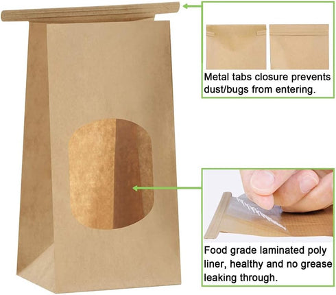 BagDream Small Bakery Bags with Window 50Pcs 3.54x2.36x6.7 Inches Window Tin Tie Tab Lock Kraft Brown Paper Bags for Coffee Bean, Cookies, Treat, ...