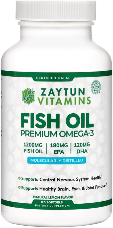 Zaytun Halal Fish Oil 1200mg Omega 3, Premium EPA/DHA, One Per Day, Supports Brain, Heart, Joint Health - 4 Months Supply, Lemon Flavor, Keto Frie...