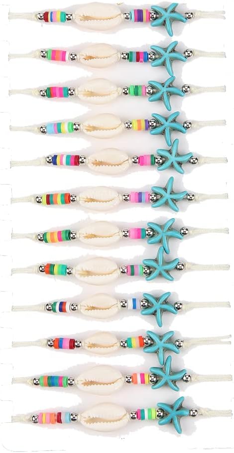 COLORFUL BLING 12Pc Adjustable Natural Sea Shell Starfish Cowries Strand Bracelets Handmade Braided Turtle Tortoise Beads Bracelet for Women Girls...