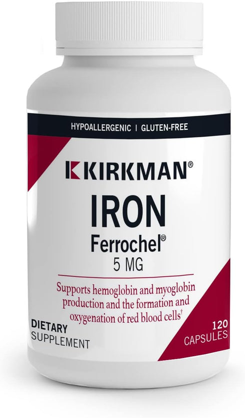 Kirkman - Iron Ferrochel 5mg - 120 capsules - Aids Hemoglobin & Myoglobin Production - Supports Red Blood Cells Formation - Hypoallergenic...