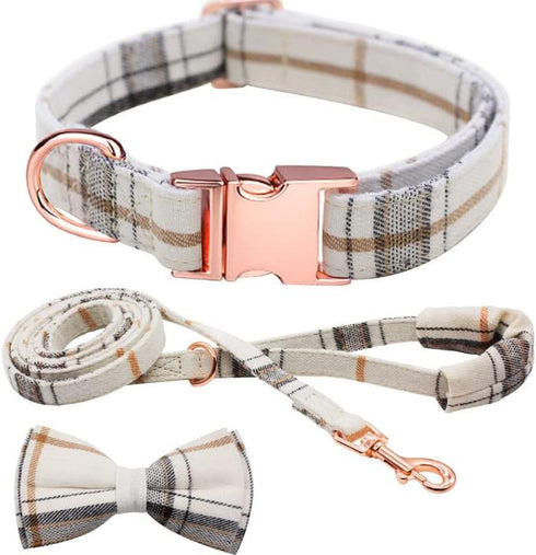 Plaid Dog Collar Leash Set with Bow Tie Adjustable Cute Puppy Collar with Durable Metal Buckle Girls Boys Dog Collar for Small Medium Large Dogs O...