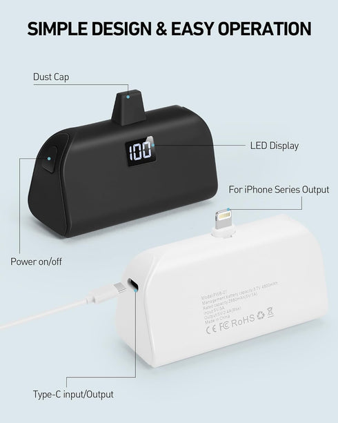 Mini Portable Charger for iPhone with Built in Cable, 4,800mAh Small Power Bank Fast Charging, Compatible with 14/14 Pro Max/13/13 Pro Max/12/12 P...