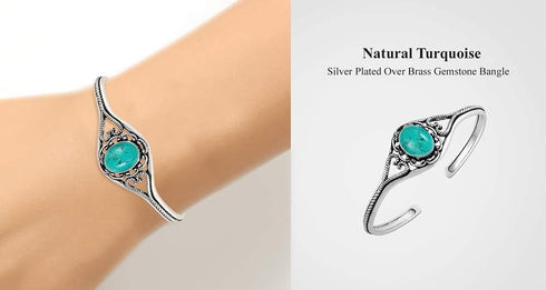 5.80 Cts Oval Shape Natural & Synthetic Gemstones Bohemian Cuff Bangle For Women, Handmade Silver Overlay Birthstone Bangle Jewelry Women's Day Gi...