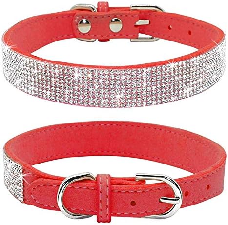 Haoyueer Rhinestone Dog Collar, Cute Dazzling Sparkling Soft Suede Leather Dog Cat Rhinestone Collar Crystal Diamond Pet Dog Puppy Collar(Red,L fi...