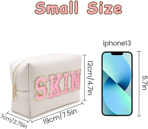 Preppy Patch Makeup Bag, Cosmetic Toiletry Bag for Women, Skin Chenille Letter Skincare Bag, PU Leather Portable Makeup Pouch, Waterproof Daily Us...