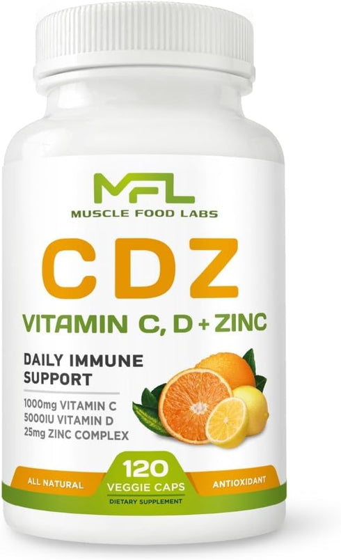 | C D Z | Vitamin C, 1000mg | Vitamin D3, 125mcg | Zinc, 25mg | Non-GMO & Gluten Free | 120 Vegetarian Capsules |120 Servings...