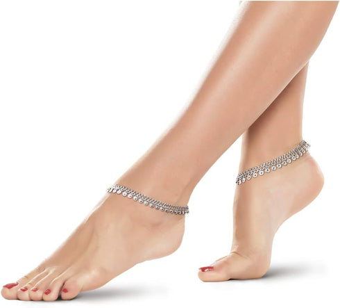 Traditional Indian Style Silver Curved Edge Payal Bell Anklet Pair Set For Women - Beach Party Dance Wedding...