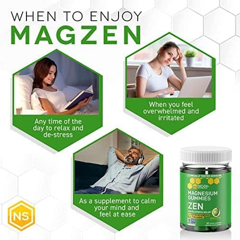 ZEN Magnesium Gummies - Premium Sensoril Ashwagandha Gummies w/L-Theanine - Magnesium Citrate Gummies for Calm & Stress Support - Magnesium Supple...