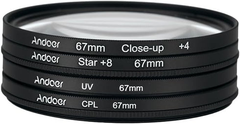 Andoer 67mm CPL+Close-Up+4 +Star 8-Point Filter Circular Filter Kit Circular Polarizer Filter Macro Close-Up Star 8-Point Filter with Bag for Niko...