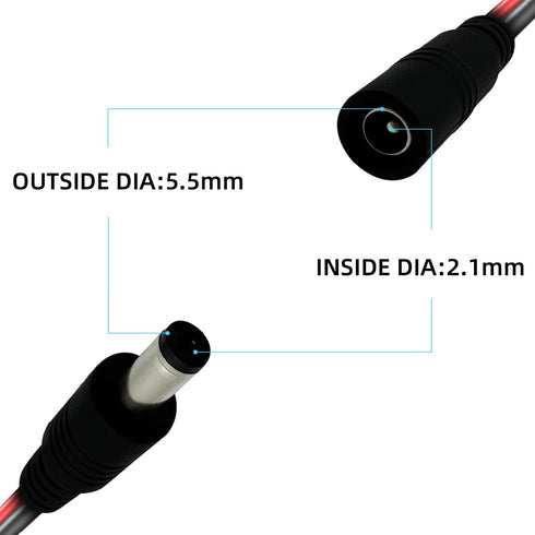 DC5.5x2.1mm, Barrel Connector, Pigtail DC Power Connector, 1V-36V Power Adapter 0.8 Flat Thick and Thickened (1ft-3 Pair Pack)...