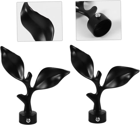 Pair of Decorative Iron Leaf Head Curtain Rod Finials - Matte Black Drapery Rod Ends - Home Bedroom Window Decor - Single Shot Curtain Pole End Ca...