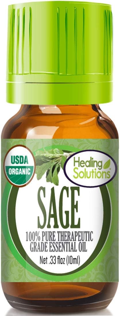 Healing Solutions Organic Sage Essential Oil, Pure & Undiluted 0.33 oz (10ml), Sage Essential Oil for Hair, Diffuser, Skin, & Aromatherapy - Thera...