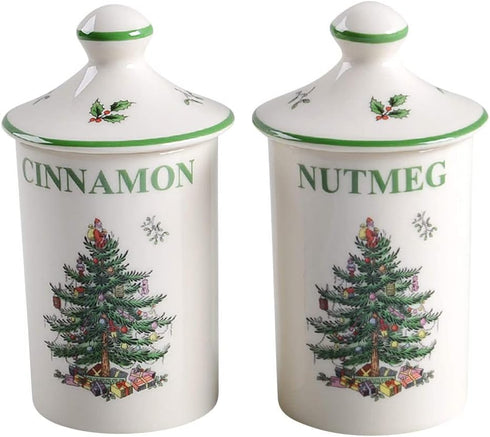 Spode Christmas Tree Spice Jars - Set of 2 Porcelain Jars for Cinnamon & Nutmeg, 4.5 Inch Seasoning Storage Jars, Beautiful Festive Kitchen Decor,...
