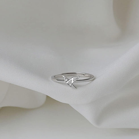 Origami Paper Crane Sterling Silver Rings for Women Adjustable Open Crystal Statement Stacking Promise Ring CZ Lucky Bird Tail Finger Band Engagem...