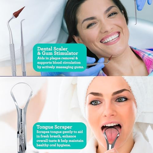 GuruNanda Professional 100% Stainless Steel Dental Kit with Tongue Scraper, Dental Mirror, Dental Scaler & Gum Stimulator - 4 Piece Dental Tools S...