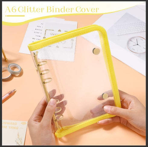 A6 Notebook Binder Cover, Soft PVC 6-Ring Binder Cover with Double Snap Button Glitter Loose Leaf Folder Protector for Refill Paper Budget Cash En...