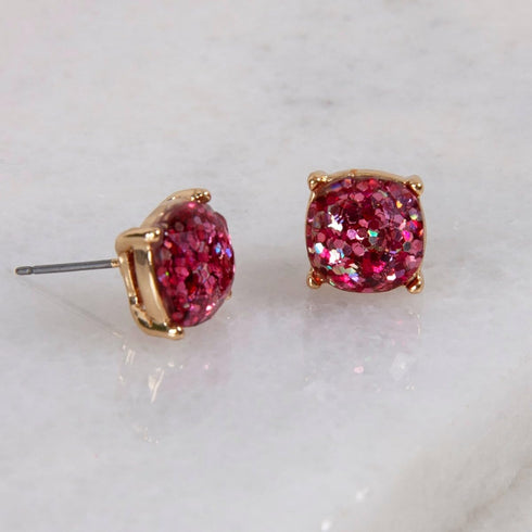 Humble Chic Small Square Stud Earrings for Women - 10mm Gold-Tone Glitter Statement Post Ear Studs...