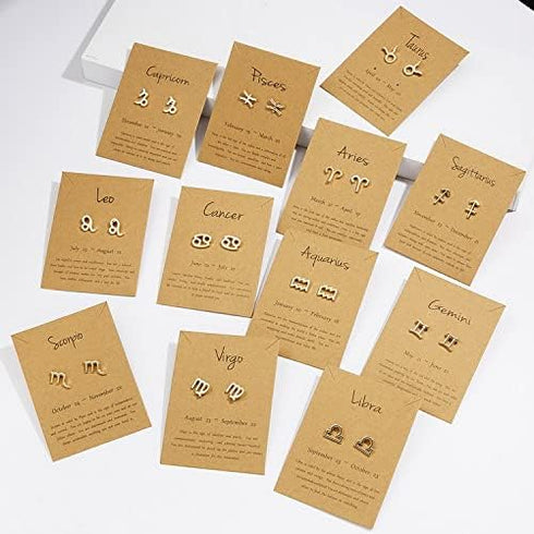 COLORFUL BLING Card Packaging Horoscope Zodiac Stud Earrings Necklace Set 12 Constellation Astrology 18K Gold Plated Little Ear Stud Friendship Ex...