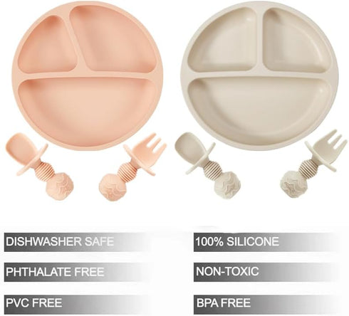 PandaEar 2 Pack Silicone Divided Suction Plates with 2 Spoons 2 Forks for Babies & Toddlers | Baby Led Weaning Supplies Self Feeding Eating Utensi...