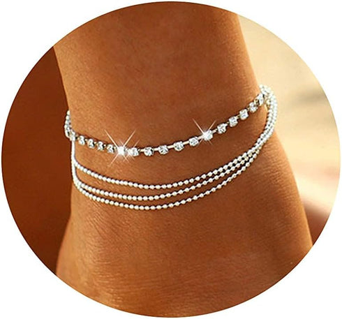 MIDEEO Gold Layered Ankle Bracelets for Women Layering Anklets Set Bracelet 14k Gold Plated CZ Rhinestone Chain Anklet Bracelets Dainty Women Beac...