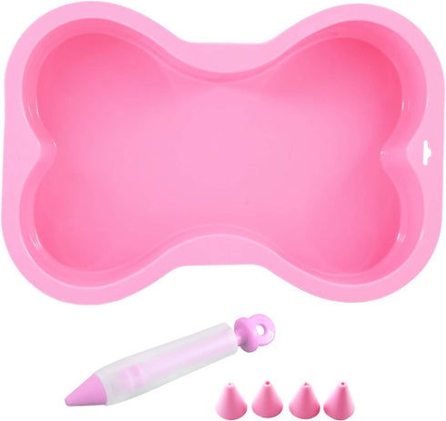Dog Birthday Cake Mold Silicone Bone Shape Cake Pan with Decorating Pen (Pink, 10")...