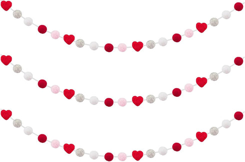 3 Pcs Felt Ball Heart Garlands - Felt Pom Pom Heart Hanging Ornaments for Anniversary, Wedding, Party Decors, Memorial Gifts, Grey White Red...