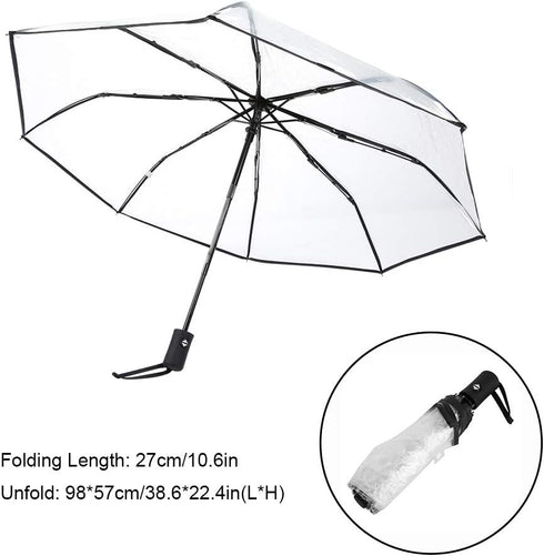 Tri-fold Clear Rain Umbrella with Frosted Handle Transparent Umbrella, for Portable to Carry for Travel(Black)...