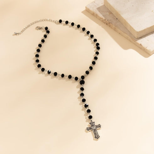 Gothic Cross Pendant Y-Shaped Necklace Blood Red/Black Crystal Rosary Beads Silver Cross Chain Choker Necklace Y2k Grunge Necklace Punk Goth Jewel...