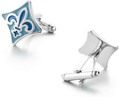 Blue Fleur de lis cufflinks Shield Shape Blue cuff links for men...