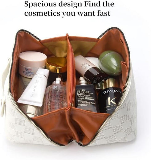 Large Capacity Travel Cosmetic Bag, Makeup Organizer Bag for Women, Portable Checkered Makeup Bags | PU Leather waterproof Skincare Bag with handl...