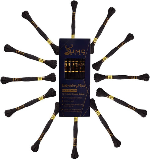 12 Pieces Black Colour Premium Embroidery Thread | 100% Egyptian Cotton Premium Skeins | Cross Stitch Embroidery Floss | Oeko TEX Certified Strand...