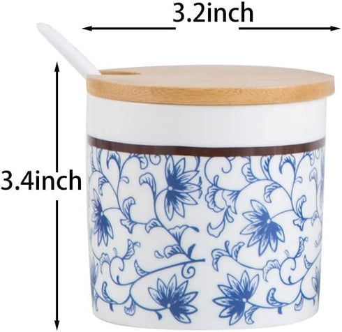 123Arts Ceramic Sugar Bowl Retro Blue and White Storage Jar with Wooden Lid and Spoon...