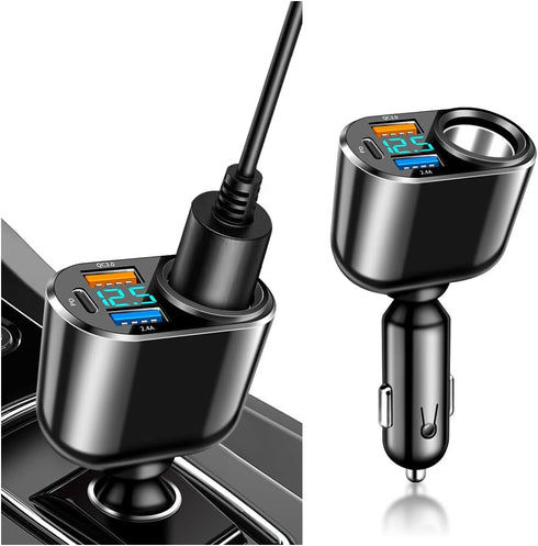 4 Ports Fast Car Charger Cigarette Lighter Splitter with LED Voltmeter,QC3.0+PD 30W for Most Phones GPS Dash Cam,Universal 12V/24V Cigarette Light...