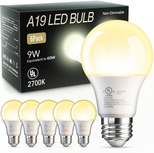TJOY 6 Pack A19 LED Light Bulbs, 60 Watt Equivalent LED Bulb, Efficient 9W, Soft Warm White 2700K, E26 Standard Base, Non Dimmable Energy Saving L...