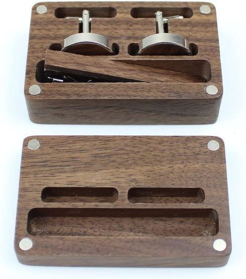 Rustic Walnut Wooden Round Cufflinks Tie Clips Set for Men with Wooden Organizer Box...