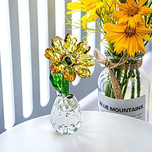 Qf QFkris Crystal Sunflower Figurine Table Crystal Flower Collectible Ornament Home Decoration Souvenir Gifts (Sunflower) for Women...