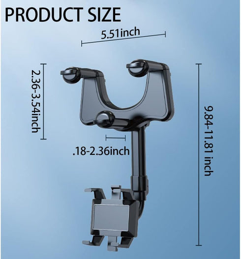 Car Mearview Mirror Bracket,360°Rotatable and Retractable Car Phone Holder,for iPhone and All Smartphones...