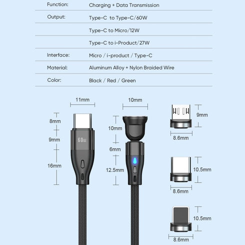 Magnetic Charging Cable, PD 60W USB C Cable Fast Charging, 7 pin 540° Rotation with Led Light, 480Mbps Data Transfer, 3 in 1 Cord for iPhone, Andr...
