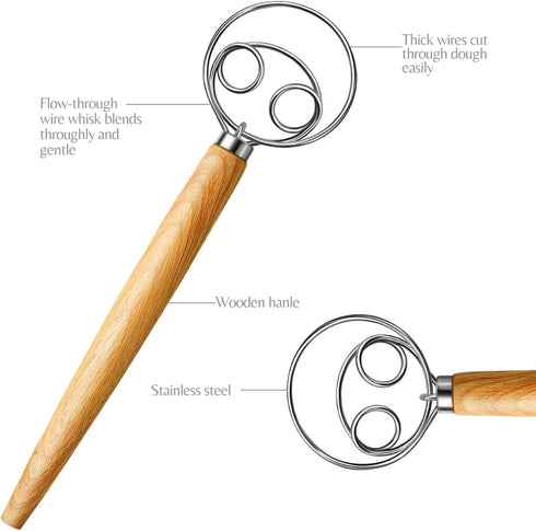 Sourdough Bread Baking Supplies: Danish Dough Whisk - Dutch Style Whisk for Perfect Dough - Essential Kitchen Tool, Light Brown...
