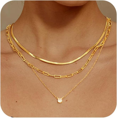 MBW Gold Layered Set Necklaces for Women, Dainty 14K Gold Plated Layered CZ Pendant Necklaces Simple Gold Herringbone Snake Choker Cuban Link Pape...