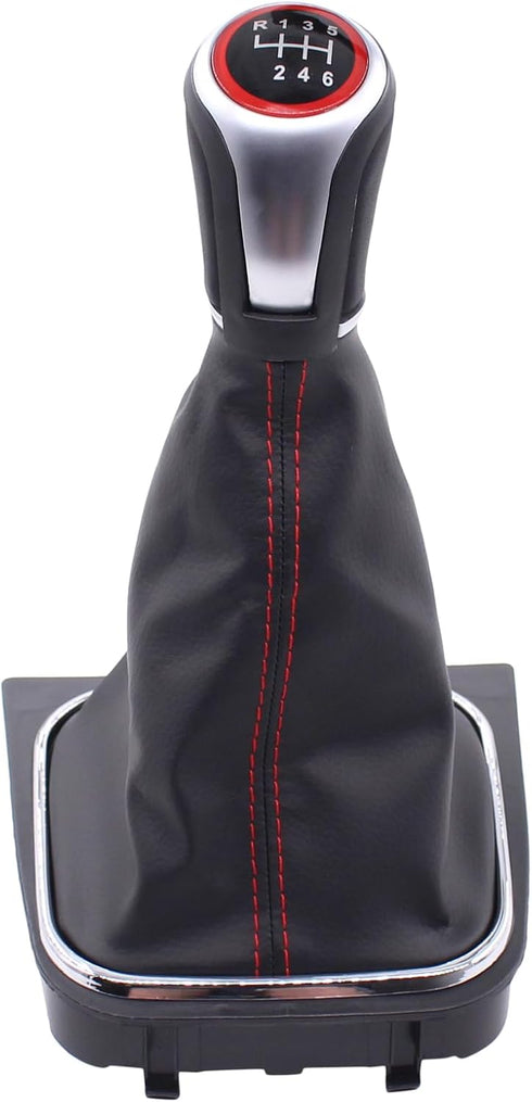 MOTOKU Black Leather with Red Stitching Gear Shifter Knob Boot Cover with 6 Speed Manual Shift Knob and Bracket Base Assembly for Volkswagen Jetta...