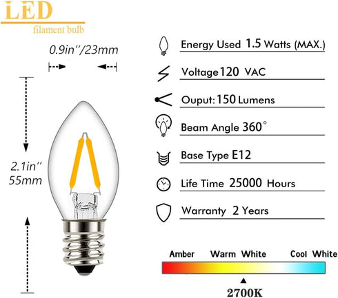 C7 Edison 1.5W Equivalent to 15 Watt Incandescent LED Filament Mini Night Light Bulbs - E12 Candelabra Base 2700K Warm White for Home Decorate 150...