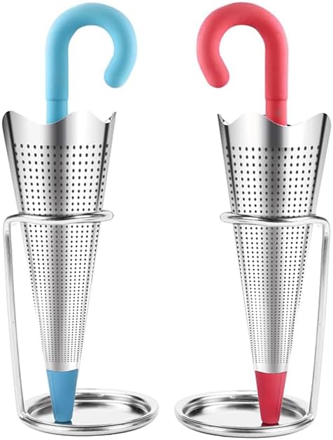 Numola 2Pcs Reusable Umbrella Tea Infuser with Drip Tray for Tea Cups, Mugs and Teapots, Stainless Steel Fine Mesh Tea Strainer with Silicone Lid ...