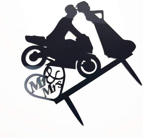 Motorcycle Funny Wedding Cake Topper Mr & Mrs, Bride Groom with Motorbike (Black Acrylic)...