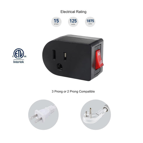 Grounded Outlet with ON Off Switch (2 Pack), Single Power Adapter Outlet Switch 15A 1875W/3 Prong Plug Switch in Black, ETL Listed...