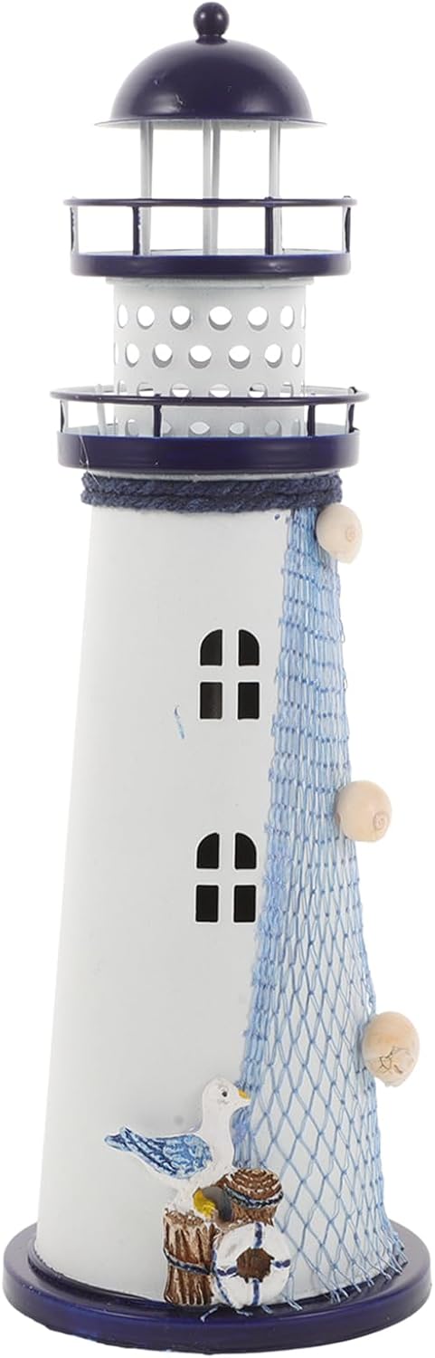 Ciieeo Lighthouse Candle Lantern Mediterranean Ocean Lighthouse Ornaments Iron Tealight Candle Holder Nautical Lighthouse Figurine Coastal Table D...