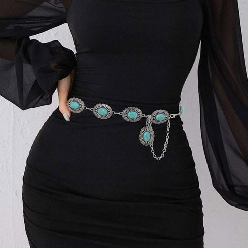 Navoky Turquoise Chain Belts Concho Belt Silver Metal Western Waist Chain Retro Boho Cowgirl Outfit Accessories for women...