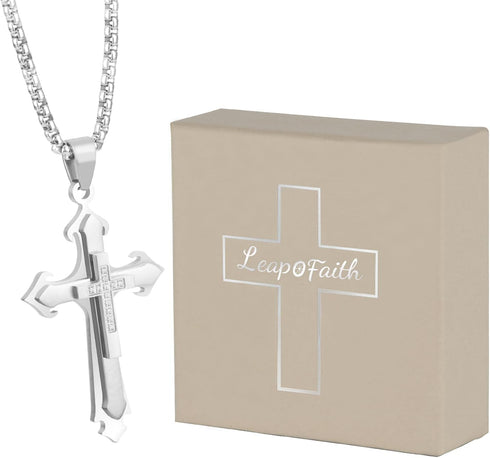 Cross Pendant for Car Rear View Mirror Decor Hanging Ornament Stainless Steel Three-layer Cross Necklace Amulet Jewelry Men Boys Christian Gift, S...