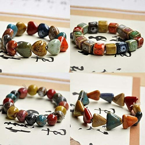 Love Heart Ceramic Bracelet, Flower-Glazed Beaded Bracelet,Elastic Handmade Simple Ethnic Style Hand Chain for Women Girl,1PCS - Colorful...